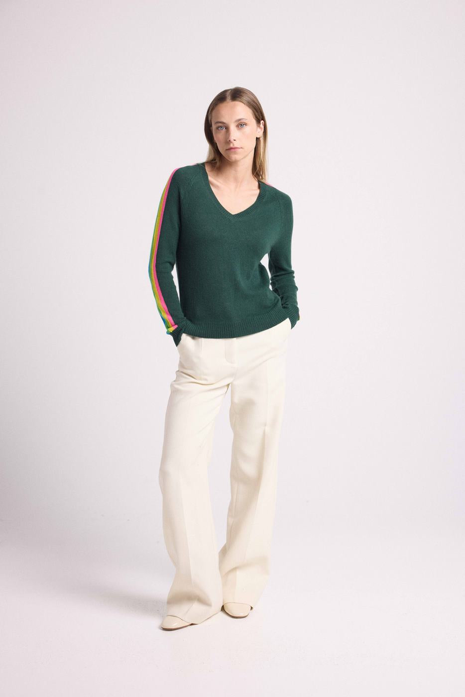 Java Rainbow Stripe Sleeve V-Neck Jumper - Bottle Green