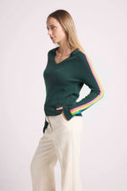 Java Rainbow Stripe Sleeve V-Neck Jumper - Bottle Green