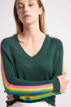 Java Rainbow Stripe Sleeve V-Neck Jumper - Bottle Green
