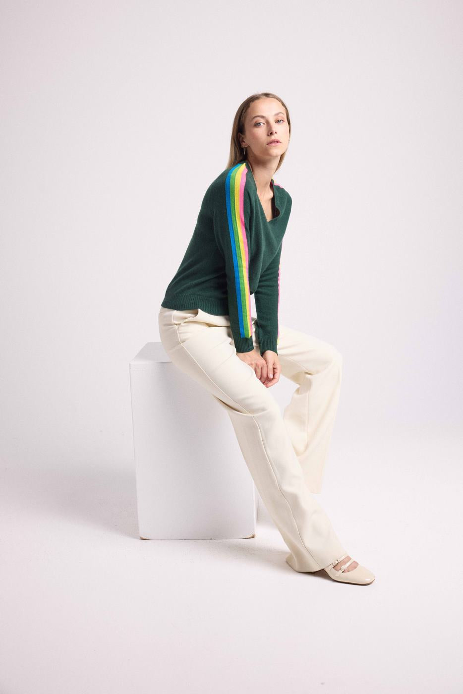 Java Rainbow Stripe Sleeve V-Neck Jumper - Bottle Green