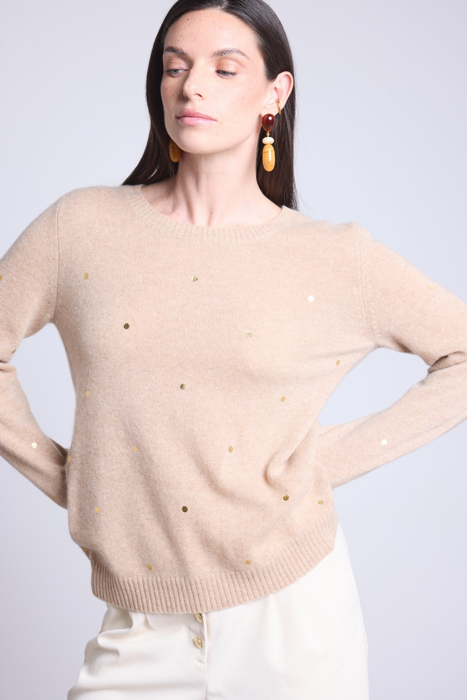 Josephine Gold Polka Dot Crew Neck Jumper - Beige And Gold - Women