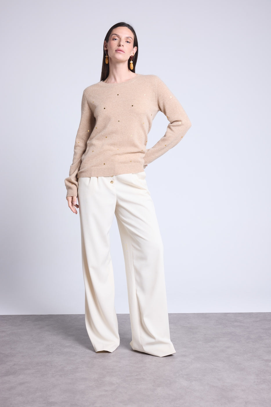 Josephine Gold Polka Dot Crew Neck Jumper - Beige And Gold - Women
