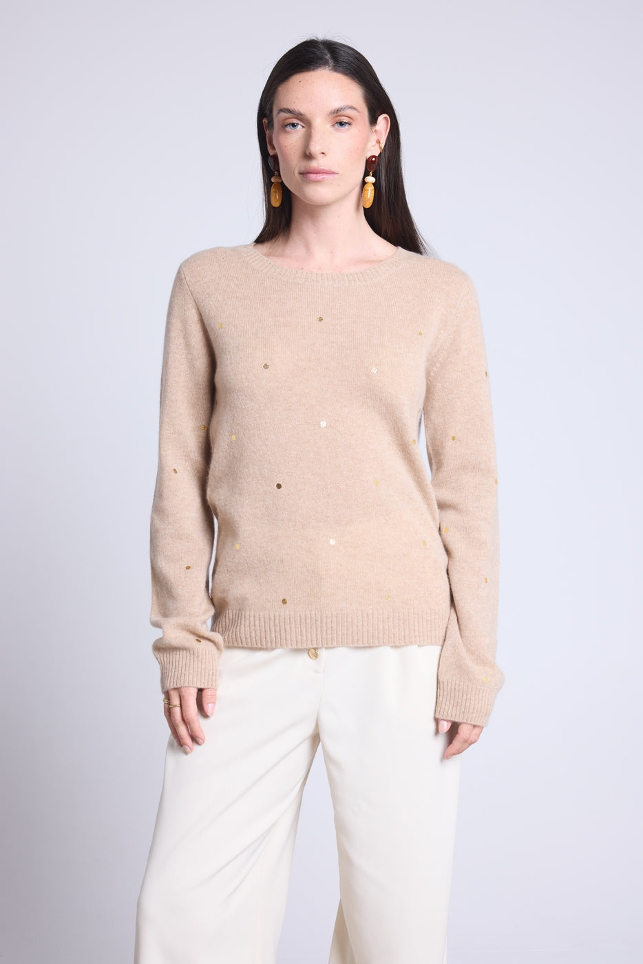 Josephine Gold Polka Dot Crew Neck Jumper - Beige And Gold - Women