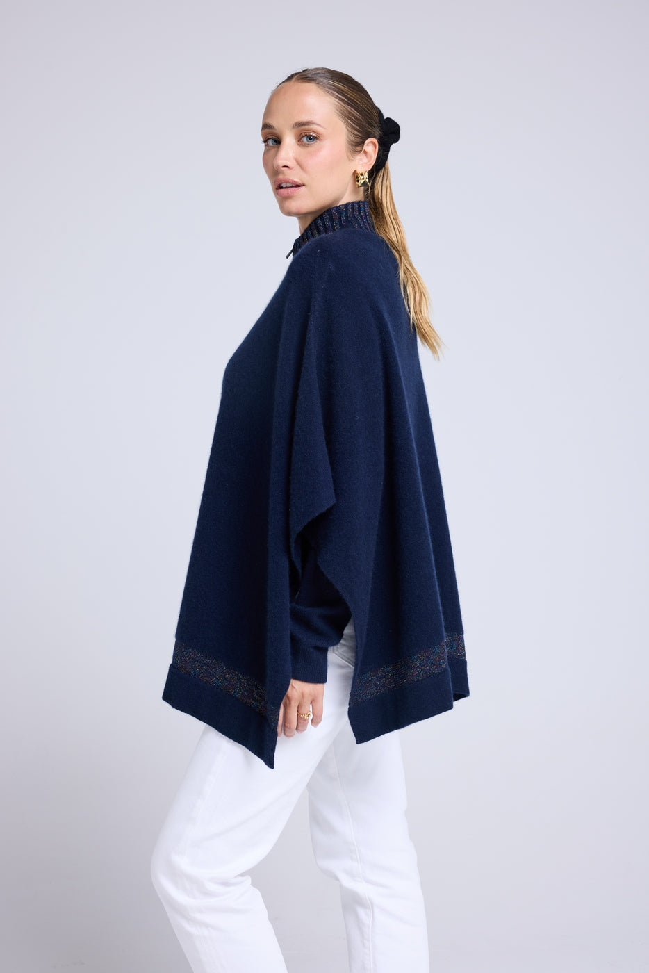 JOY Zipped High-Neck Poncho - Multicoloured Navy Blue Lurex