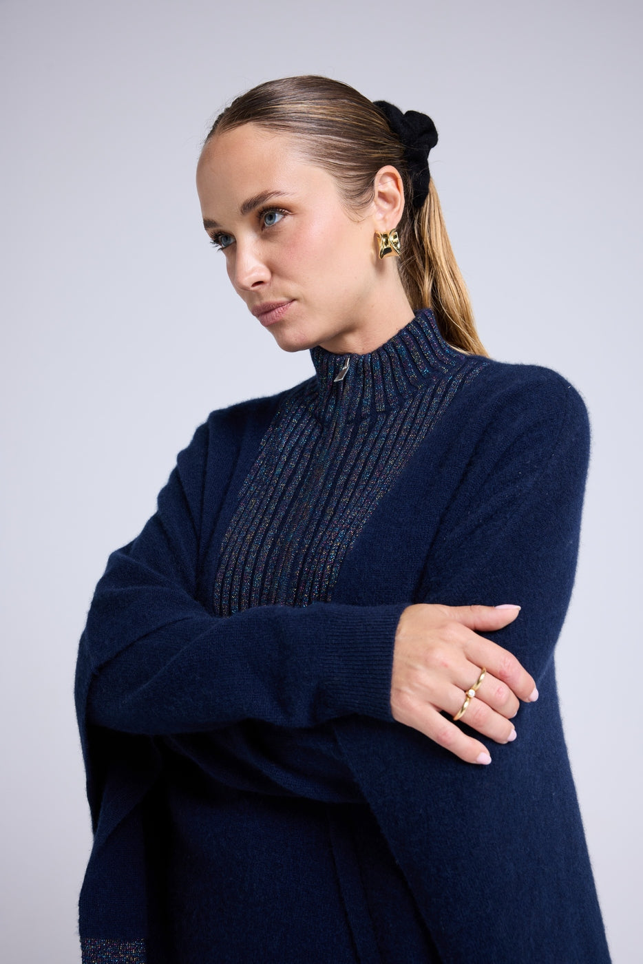 JOY Zipped High-Neck Poncho - Multicoloured Navy Blue Lurex
