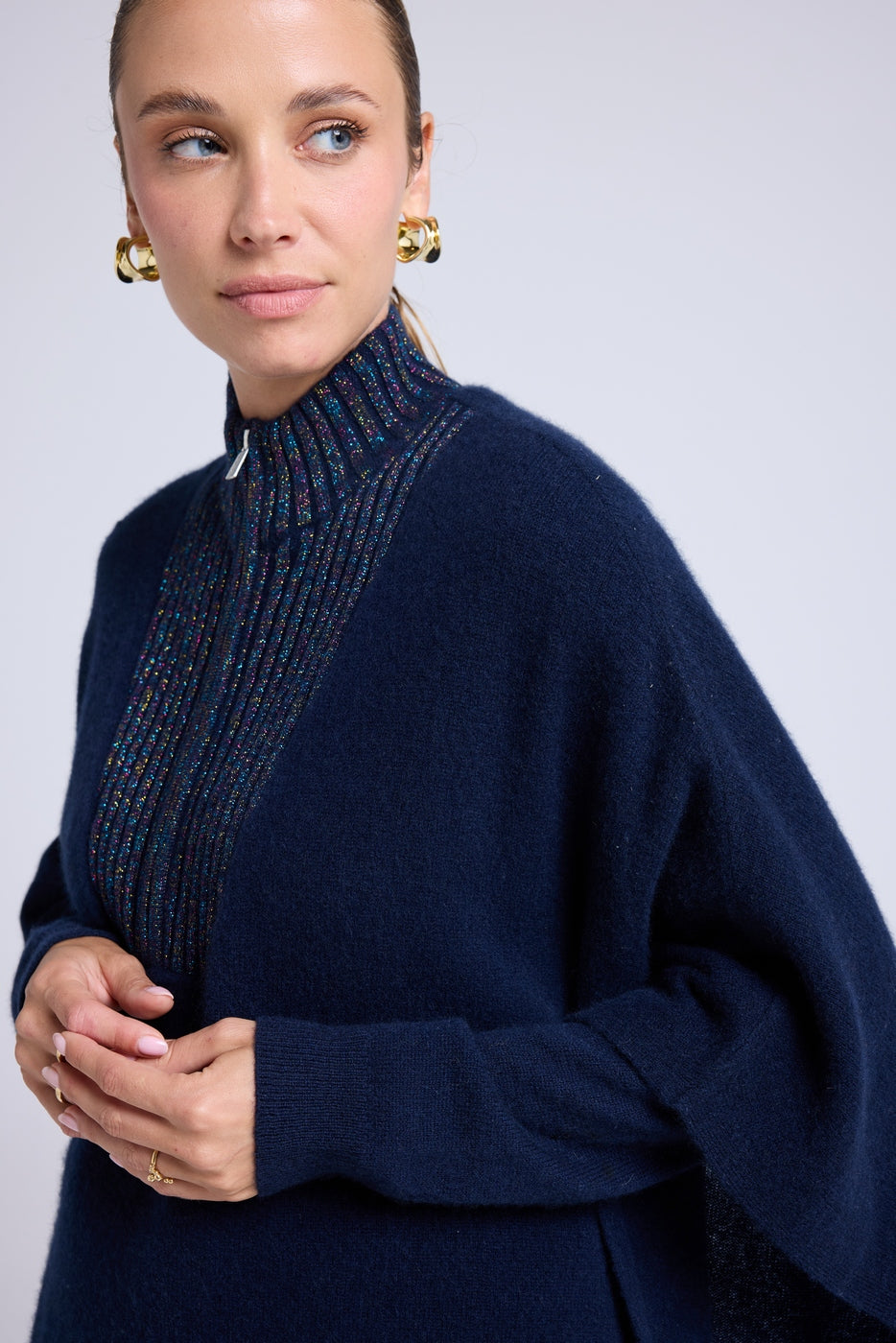 JOY Zipped High-Neck Poncho - Multicoloured Navy Blue Lurex
