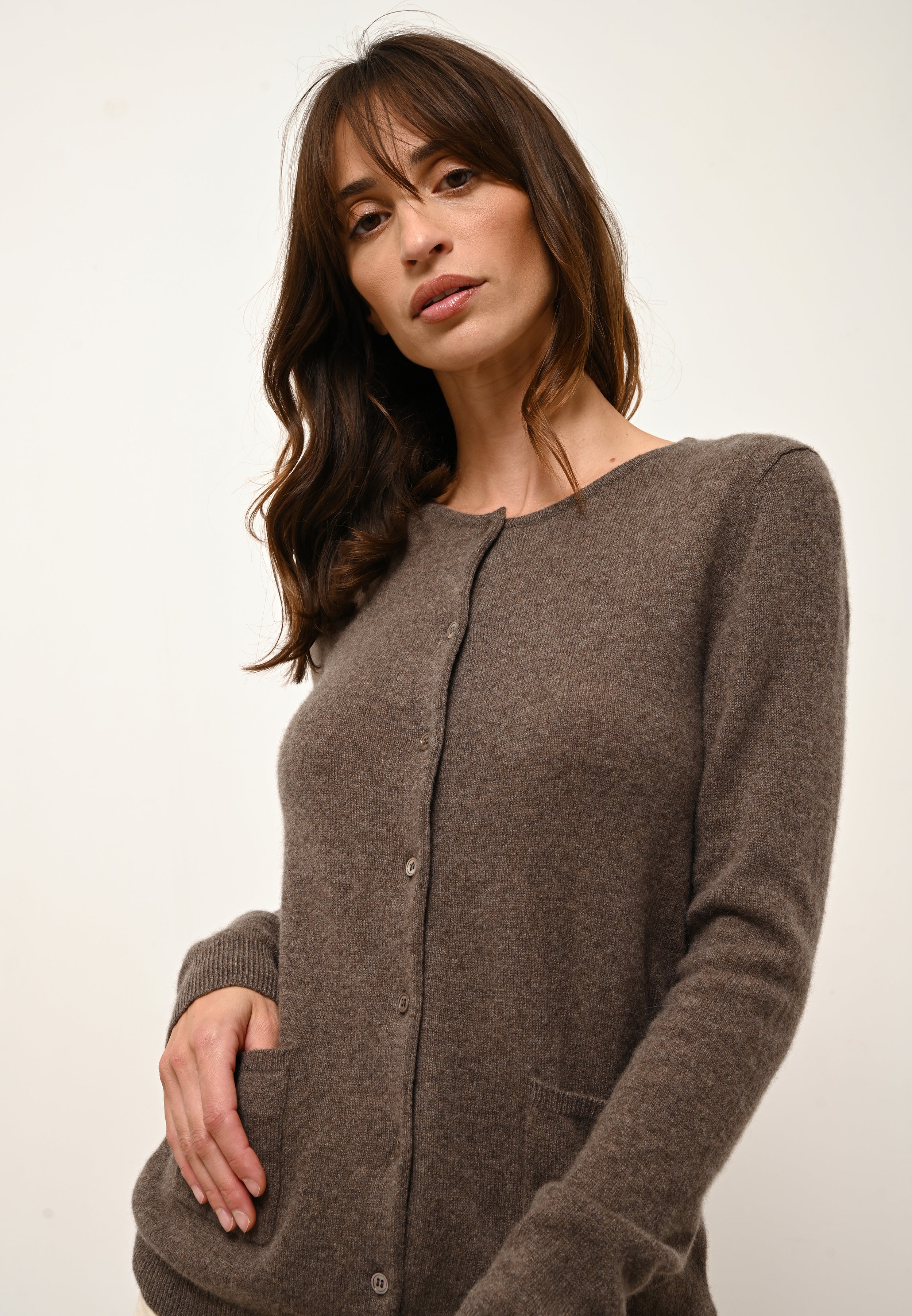 Cardigan Col Rond Katharine - 100% Cachemire 2 Fils - Taupe Chiné - Femme