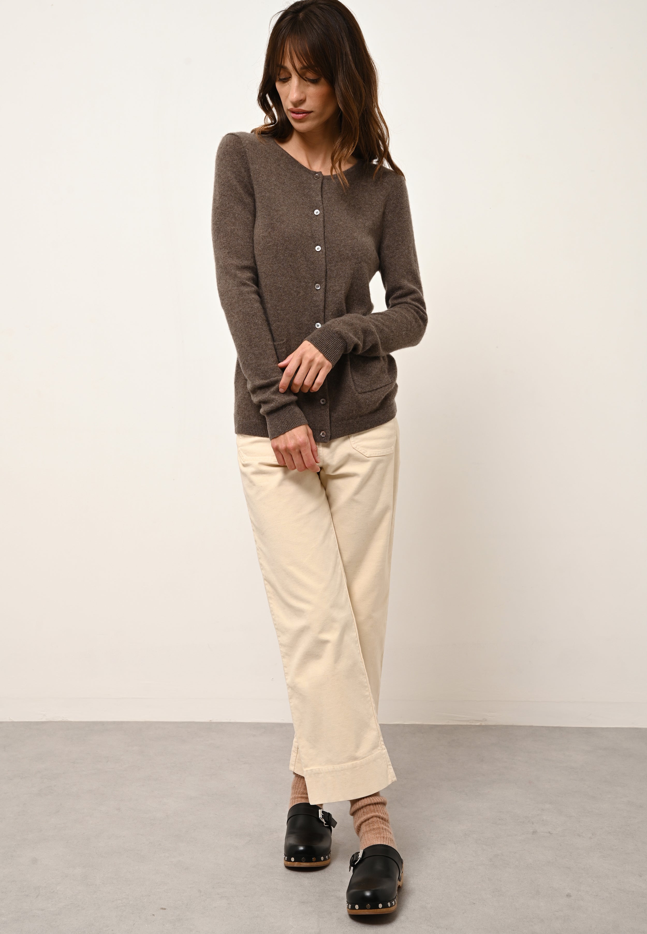 Cardigan Col Rond Katharine - 100% Cachemire 2 Fils - Taupe Chiné - Femme
