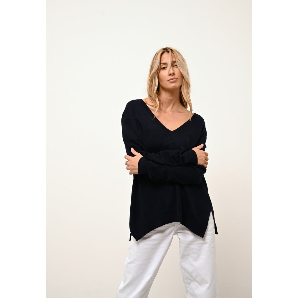 Pull Col V Devant Et Dos - Opal - Navy
