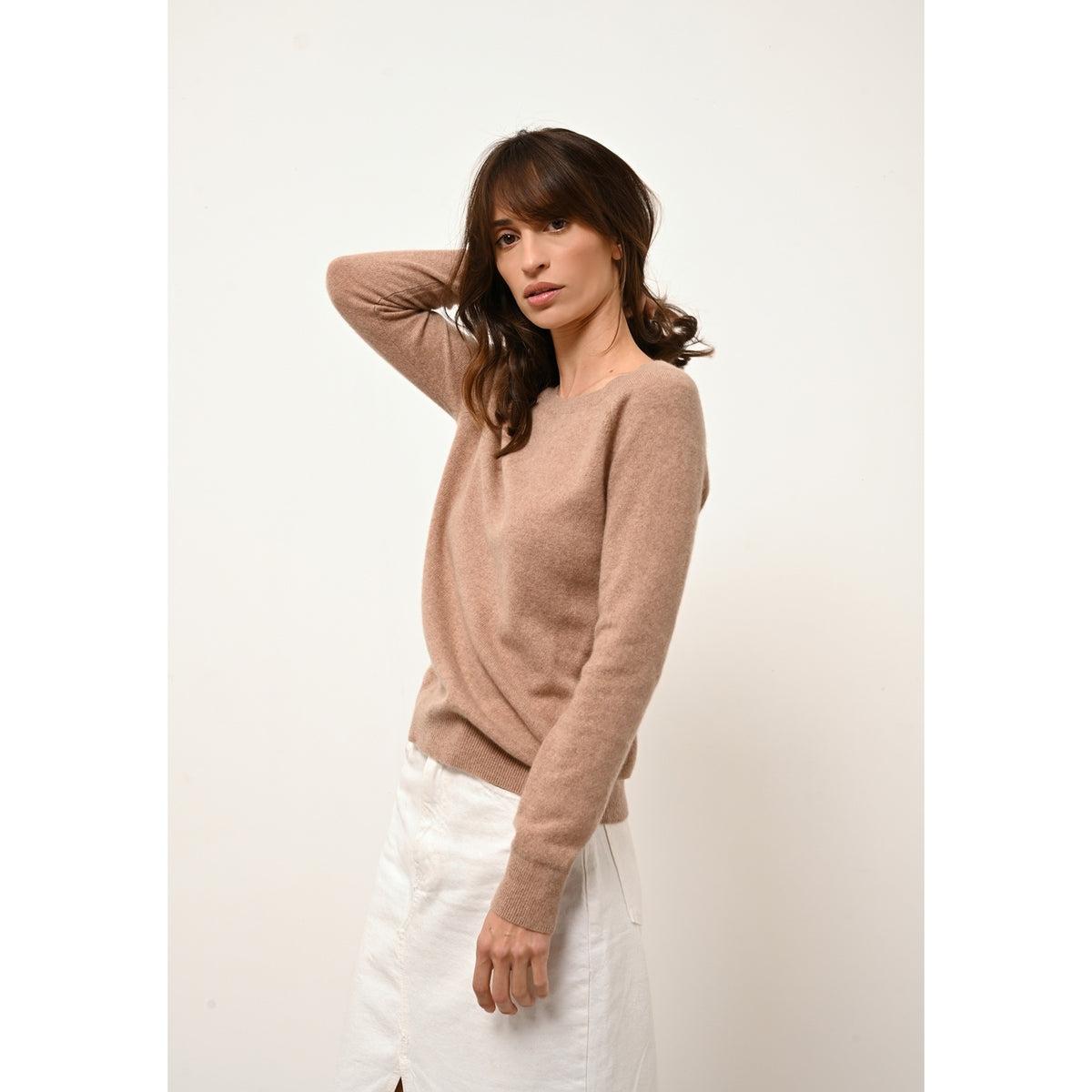 Boat-Neck Keyhole-Back Jumper - Abigail - Mottled Camel