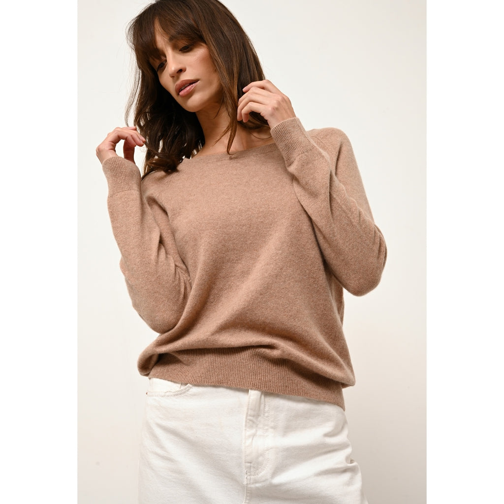 Boat-Neck Keyhole-Back Jumper - Abigail - Mottled Camel