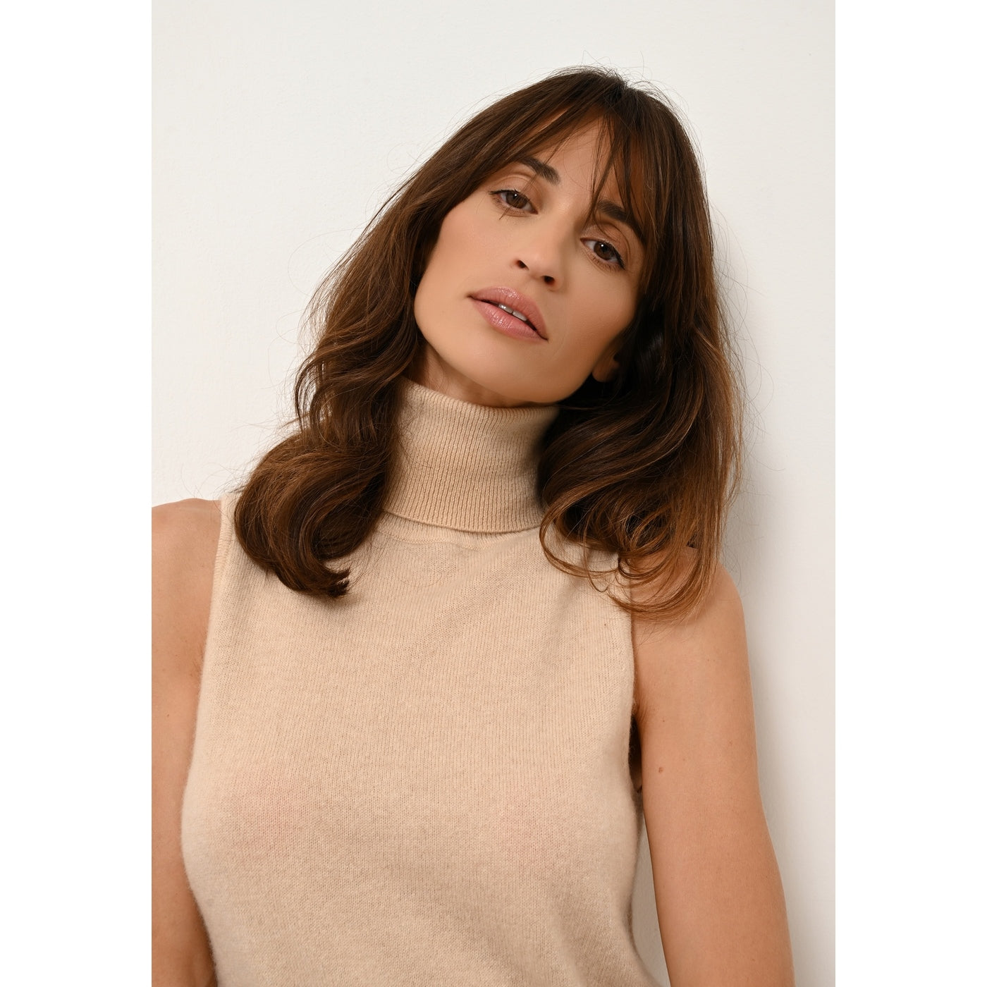 Just Cashmere - Pull Col Roulé Sans Manches - Violet - Sable