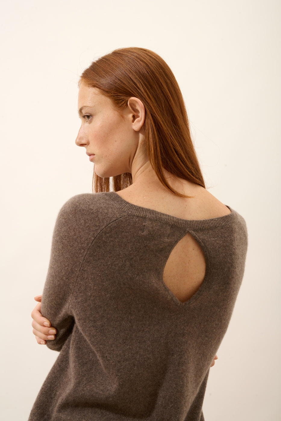 Boat-Neck Jumper with Back Teardrop Detail - Abigail - Mottled Taupe