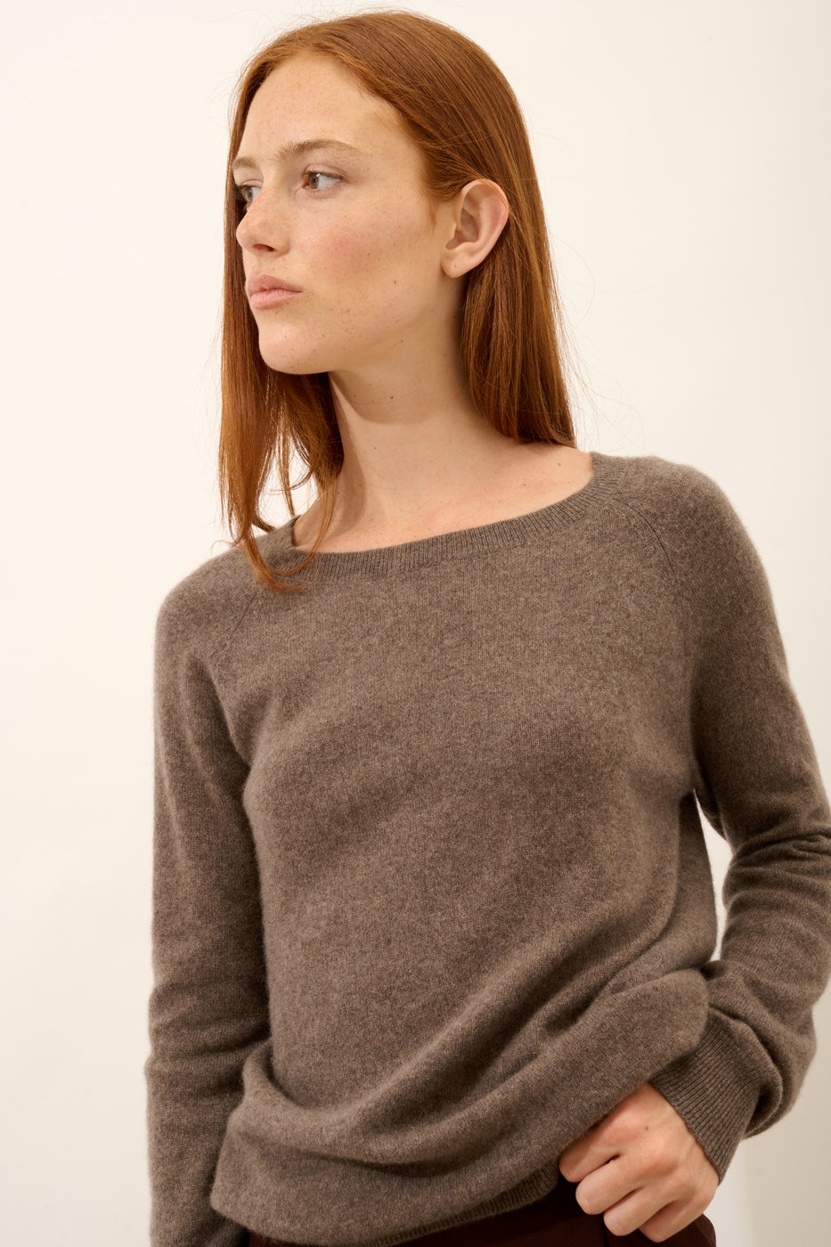 Boat-Neck Jumper with Back Teardrop Detail - Abigail - Mottled Taupe
