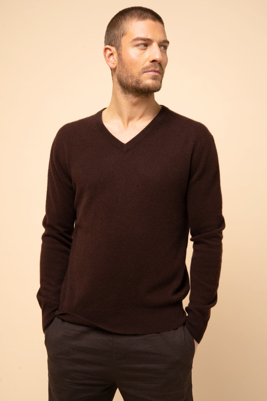 Pull Col V -Walt-100% Cachemire, 2 Fils-Choco-Homme