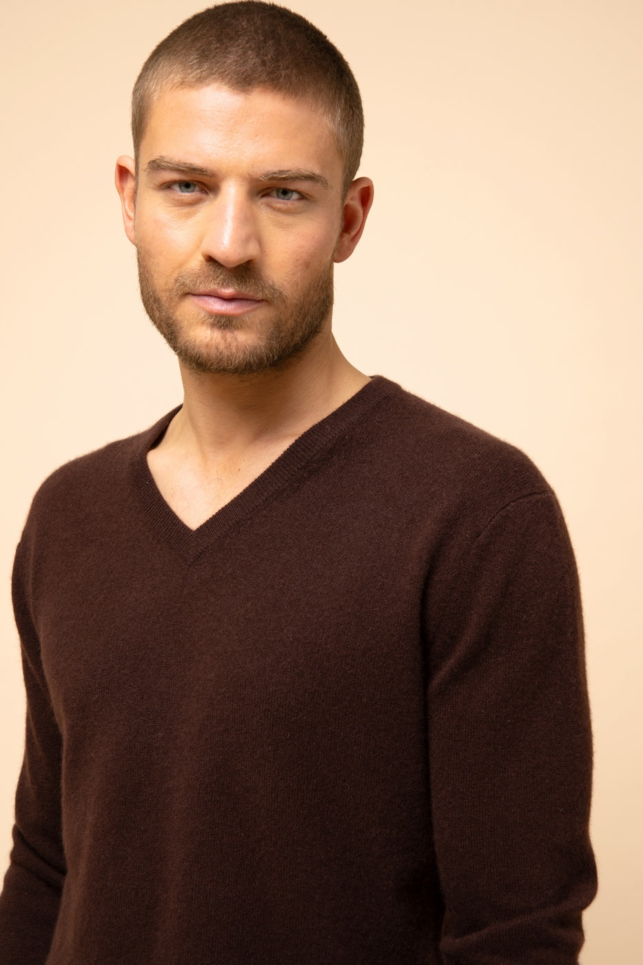 Pull Col V -Walt-100% Cachemire, 2 Fils-Choco-Homme