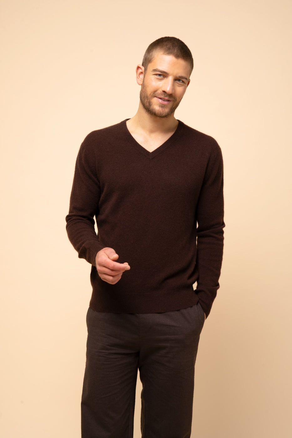 Pull Col V -Walt-100% Cachemire, 2 Fils-Choco-Homme
