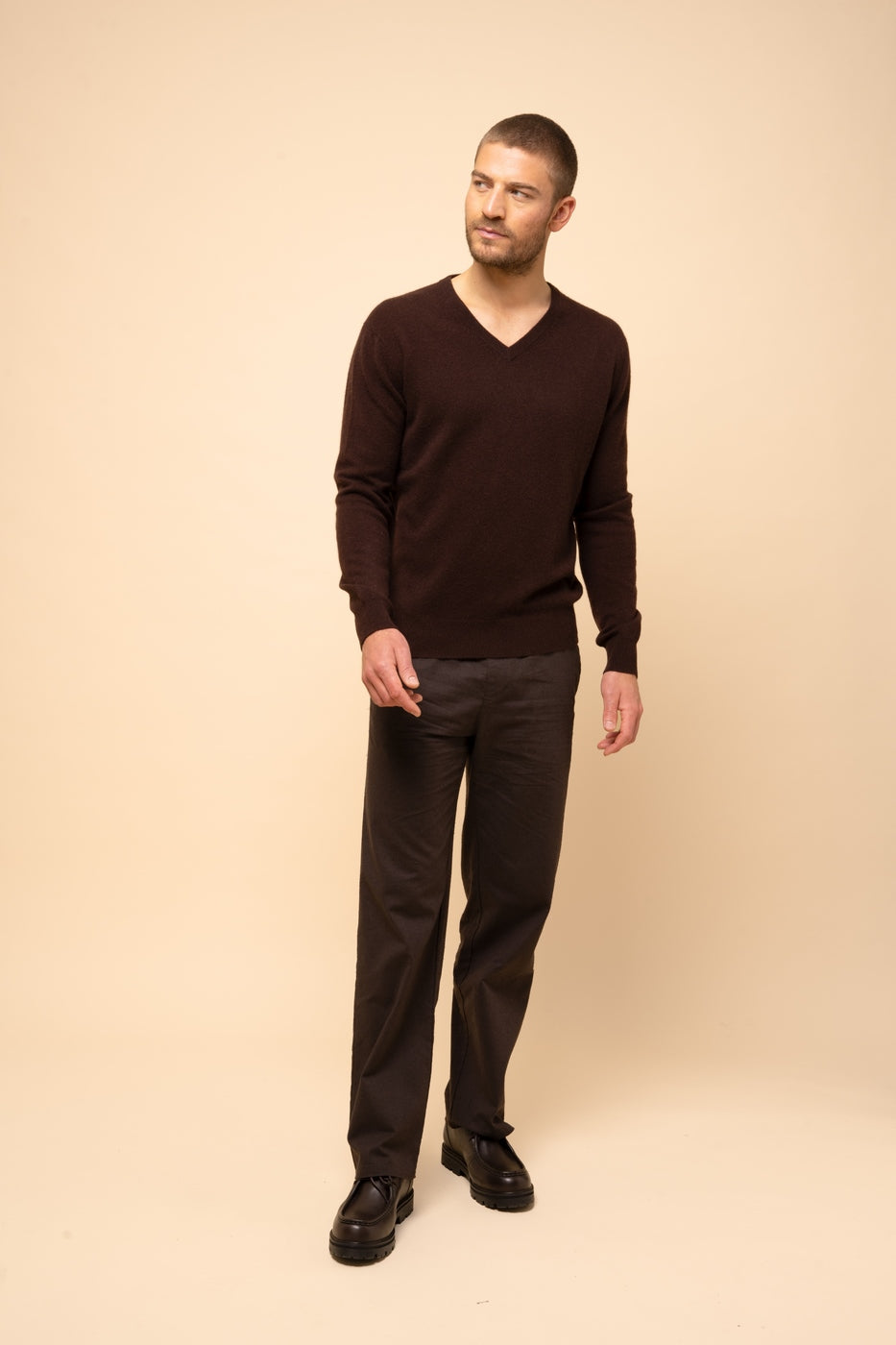 Pull Col V -Walt-100% Cachemire, 2 Fils-Choco-Homme