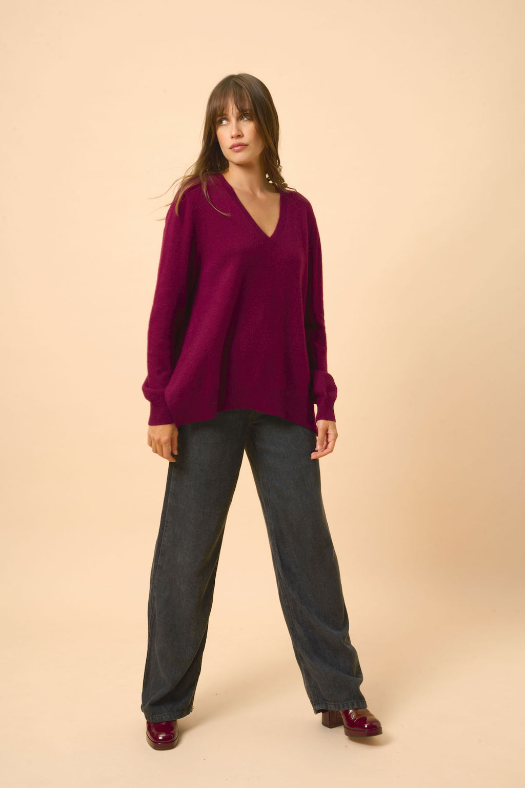 Front And Back V-Neck Jumper - Opal - Burgundy