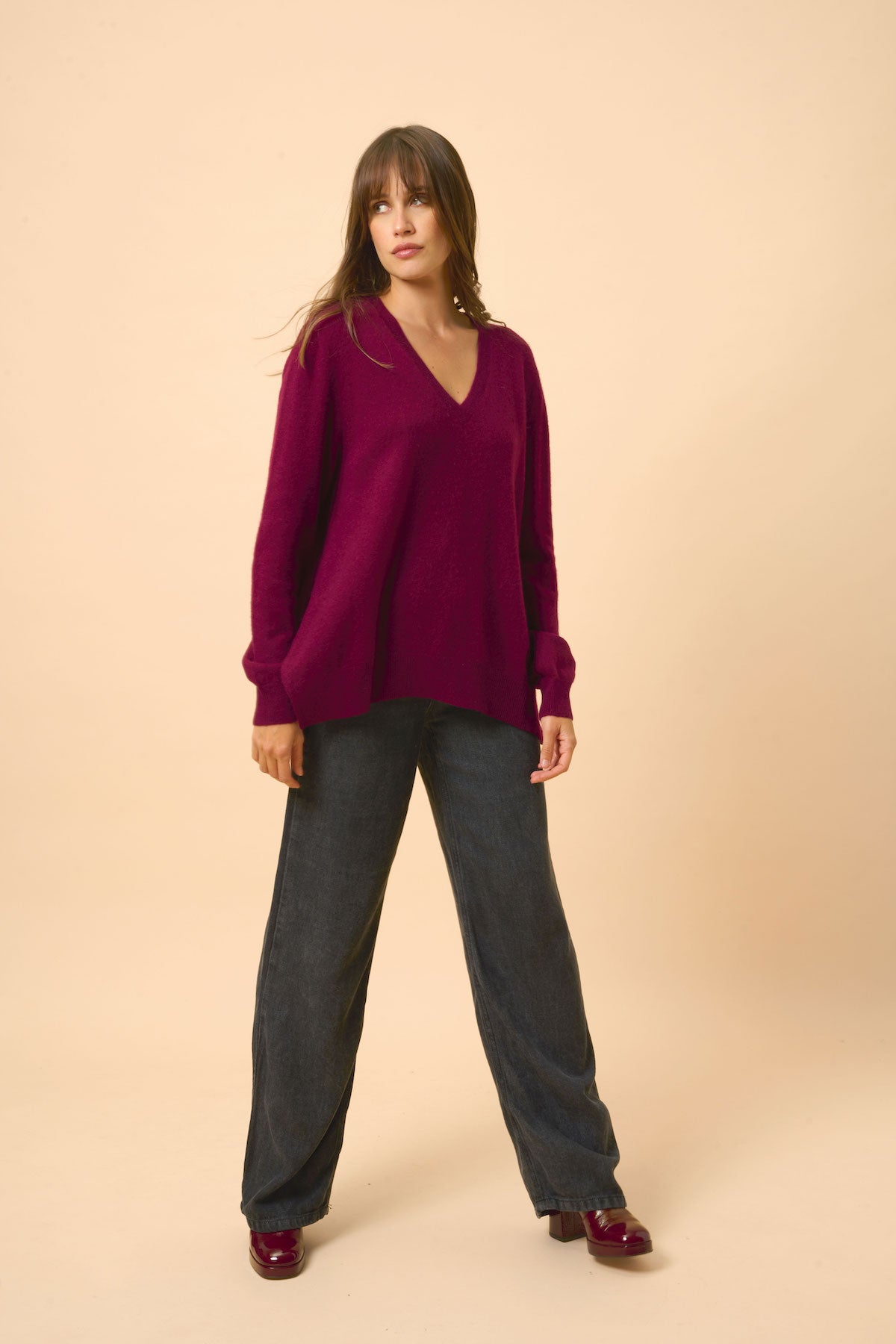 Front And Back V-Neck Jumper - Opal - Burgundy