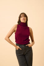 Sleeveless Roll Neck Jumper - Purple - Burgundy