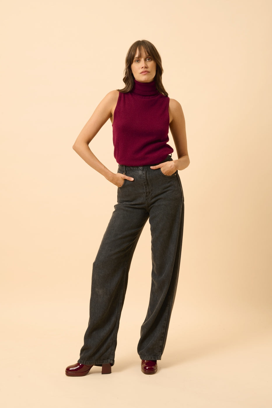 Sleeveless Roll Neck Jumper - Purple - Burgundy