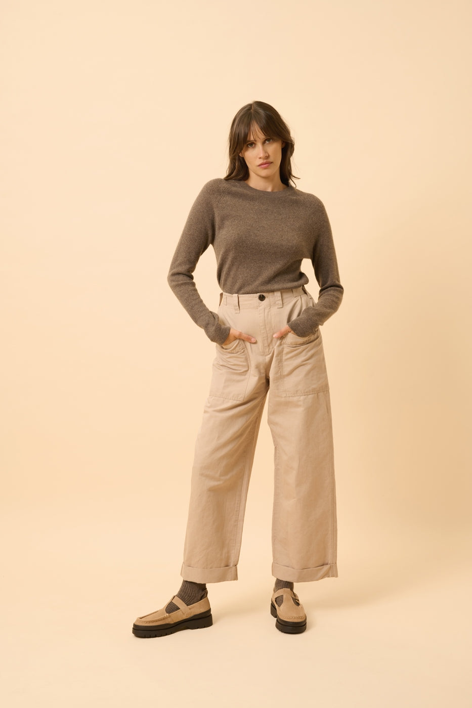 Pull Col Rond-Jane-100% Cachemire, 2 Fils-Taupe Chiné-Femme