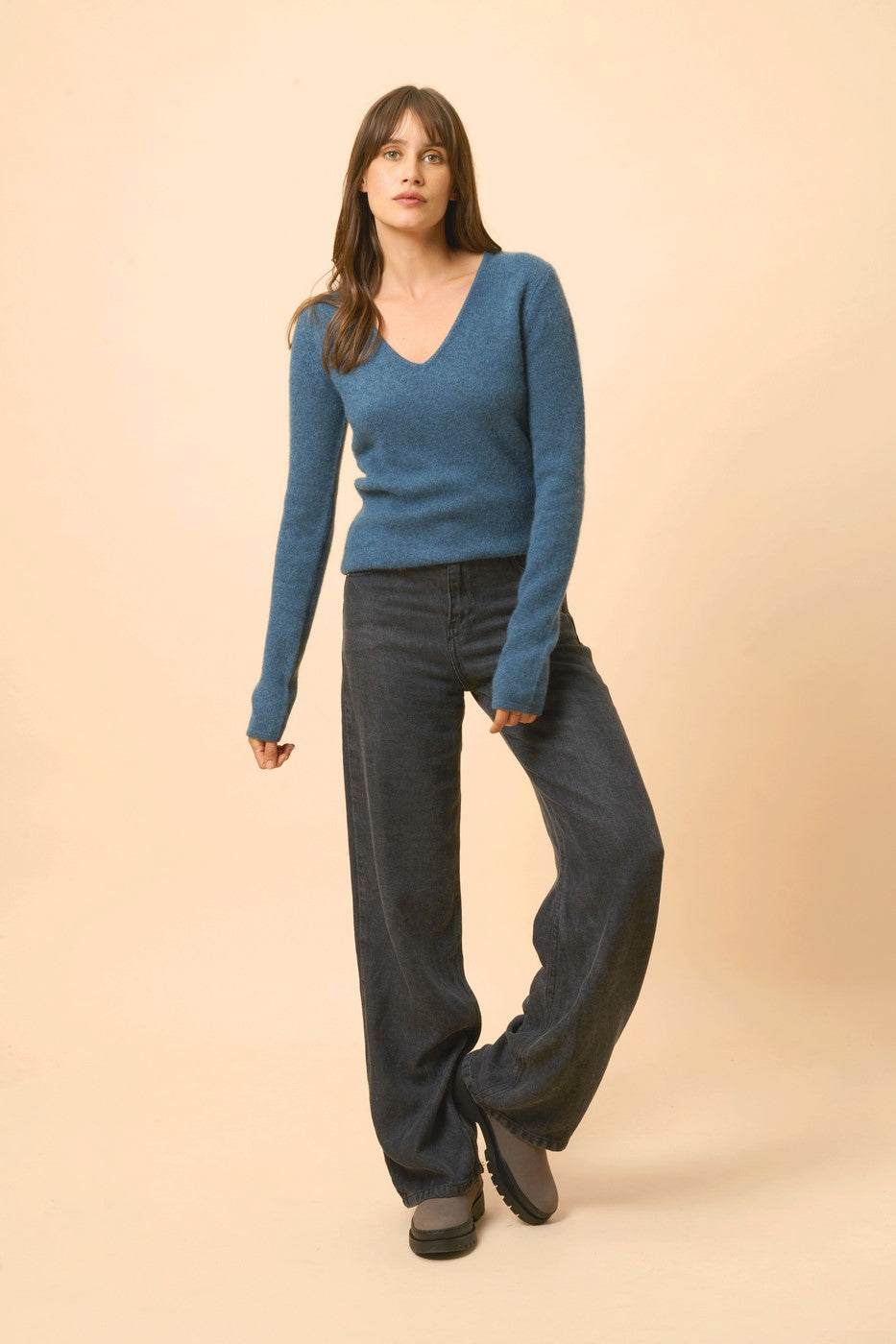 Pull Col V 4 Fils-Abby-100% Cachemire, 4 Fils-Vert Canard Chiné-Femme