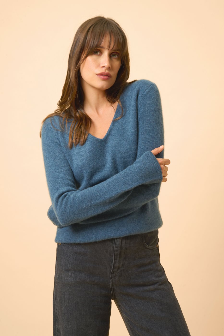 Pull Col V 4 Fils-Abby-100% Cachemire, 4 Fils-Vert Canard Chiné-Femme