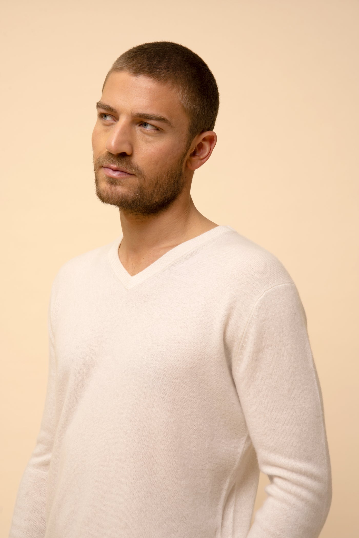 Pull Col V  Walt - 100% Cachemire 2 Fils - Ivoire - Homme