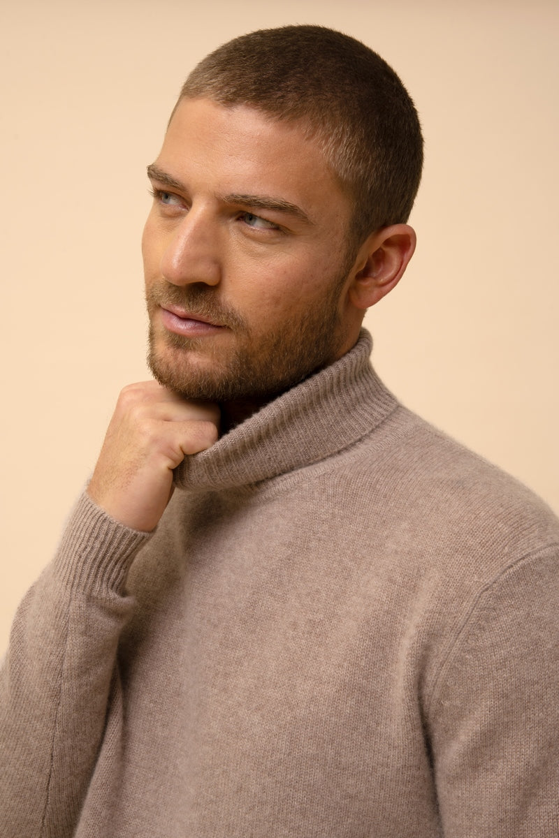 4-Ply Roll-Neck Jumper - Sacha - Light Mottled Taupe