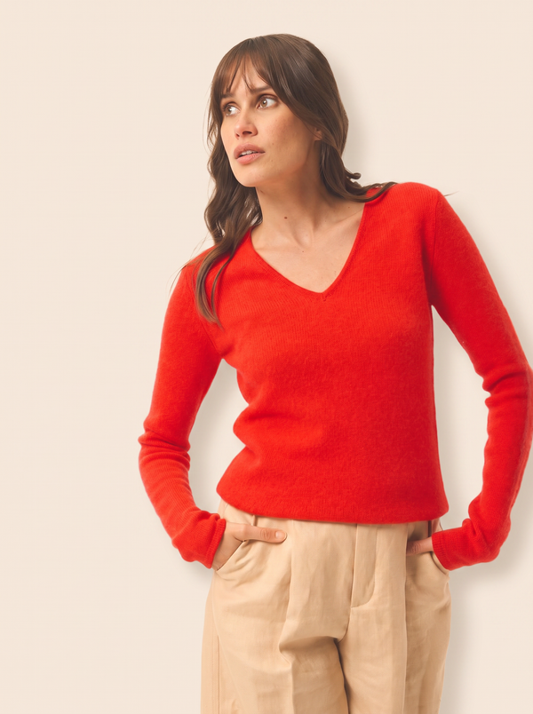 4-Ply V-Neck Jumper - Abby - Tomato