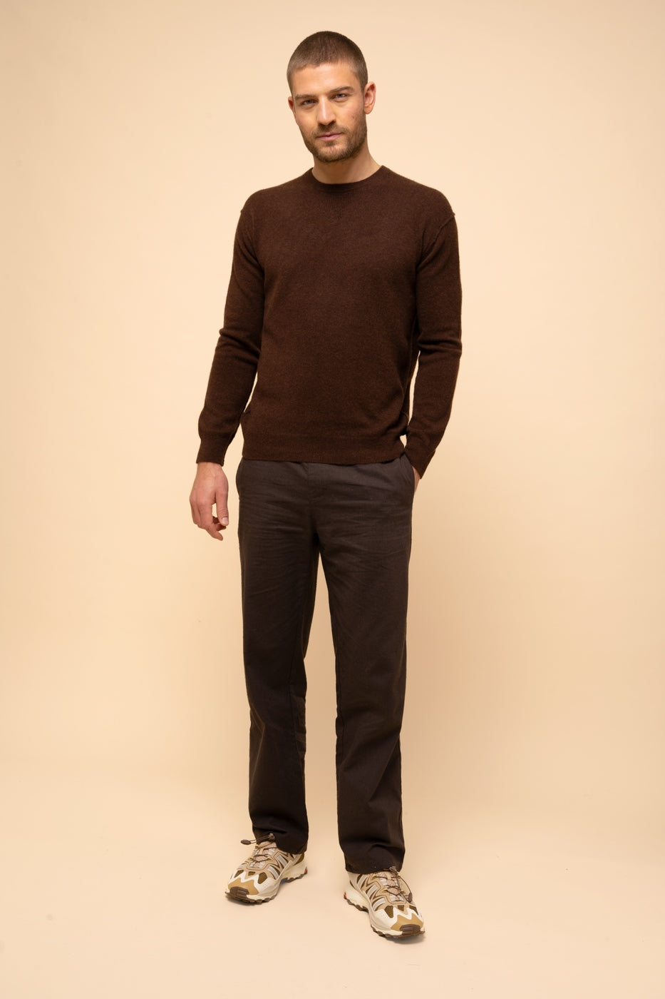 Pull Col Rond-Noe-100% Cachemire, 2 Fils-Café-Homme