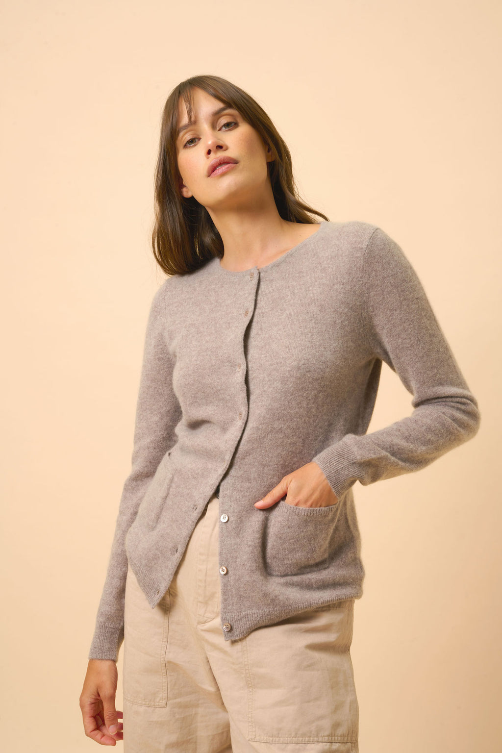 Round-Neck Cardigan - Katharine - Mottled Caribou