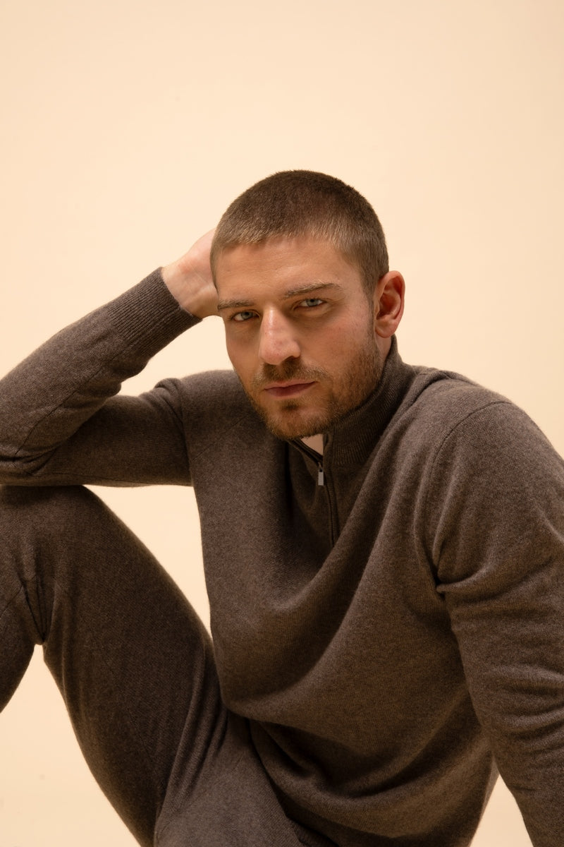 Zip-neck Jumper - Bradley - Taupe Marl