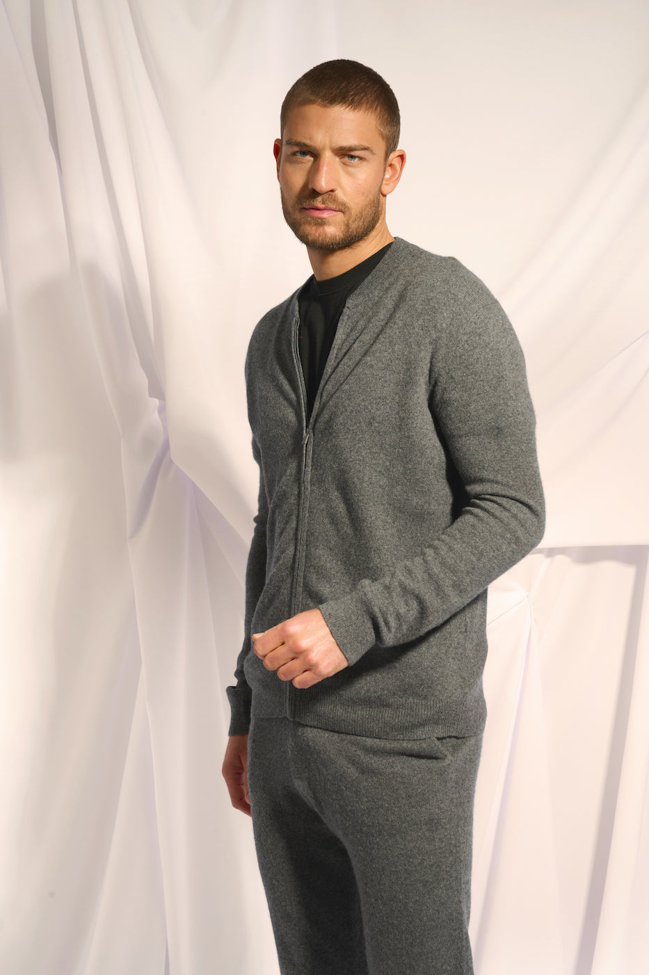 Zip-Up Mao Collar Cardigan - Polnoon - Mottled Anthracite