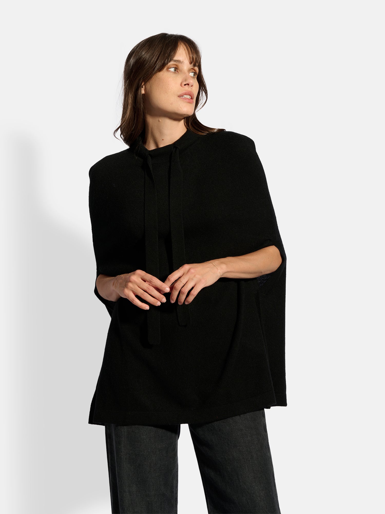 Miamar Round Neck Drawstring Cape - 100% 2-Ply Cashmere - Black - Women
