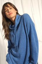 Pull Col Montant Cordon Coulissant Fentes Côtés - Melrose - Bleu Denim