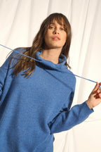 Pull Col Montant Cordon Coulissant Fentes Côtés - Melrose - Bleu Denim