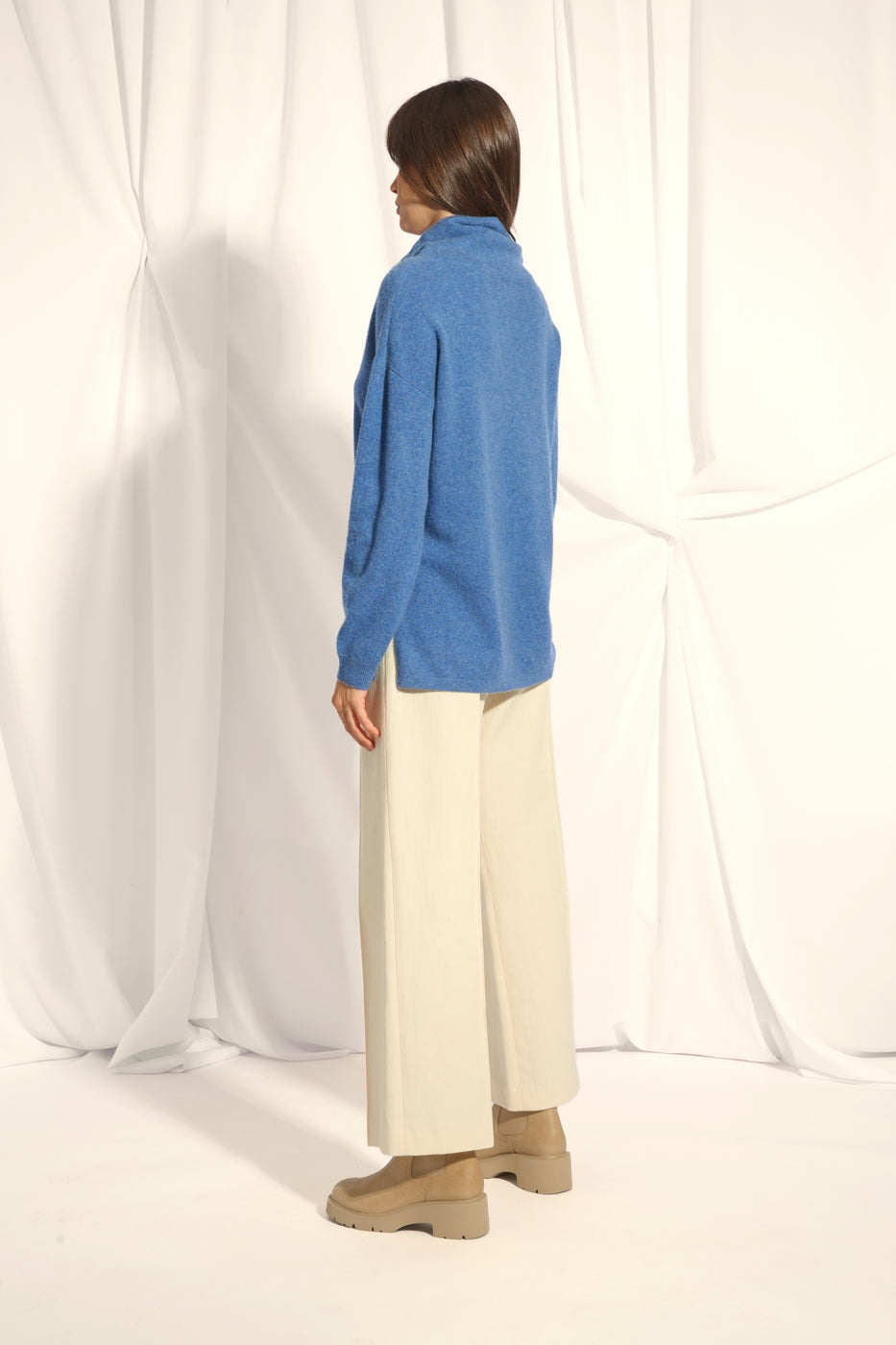 Pull Col Montant Cordon Coulissant Fentes Côtés - Melrose - Bleu Denim