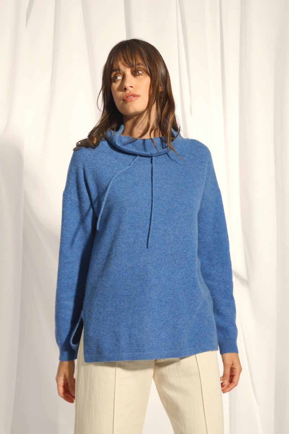 Pull Col Montant Cordon Coulissant Fentes Côtés - Melrose - Bleu Denim