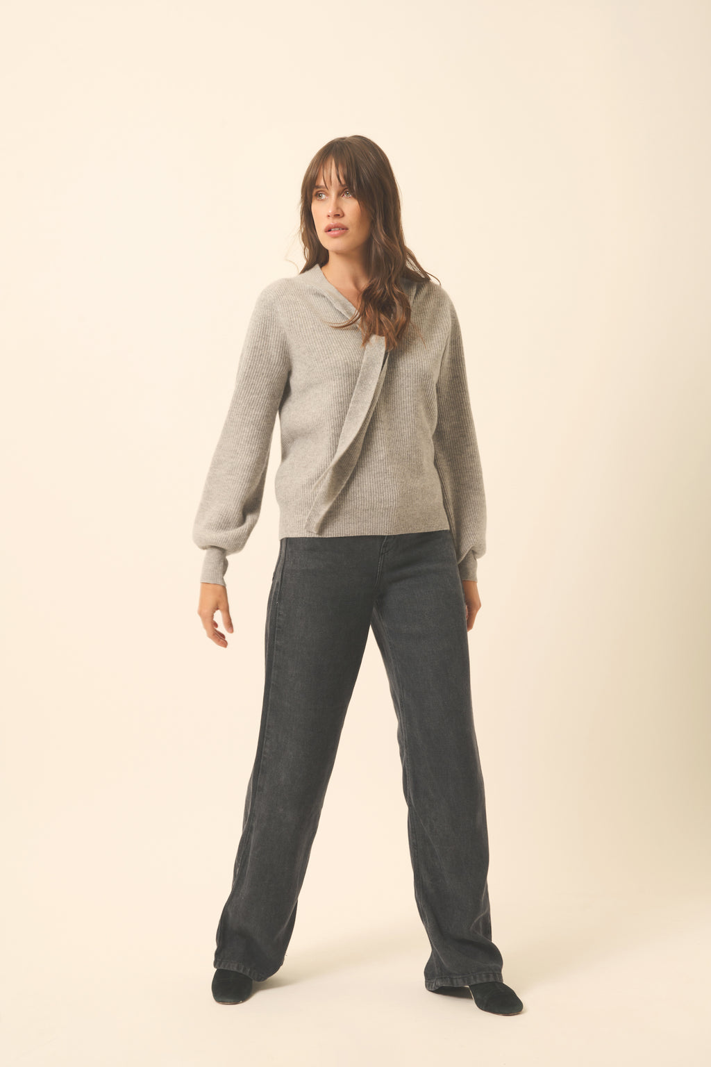 Tie-Neck Jumper Noty - Heather Cloud - 100% 2-Ply Cashmere - English Rib - Women
