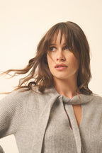 Tie-Neck Jumper Noty - Heather Cloud - 100% 2-Ply Cashmere - English Rib - Women