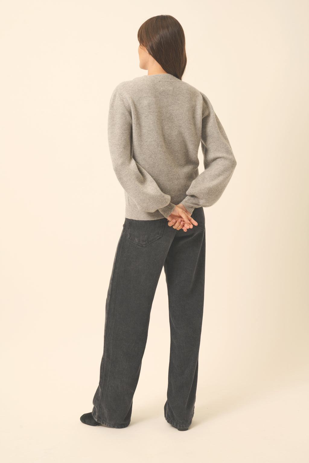 Tie-Neck Jumper Noty - Heather Cloud - 100% 2-Ply Cashmere - English Rib - Women