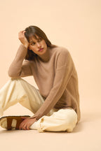 4-Ply Roll Neck Jumper - Louise - Camel Marl