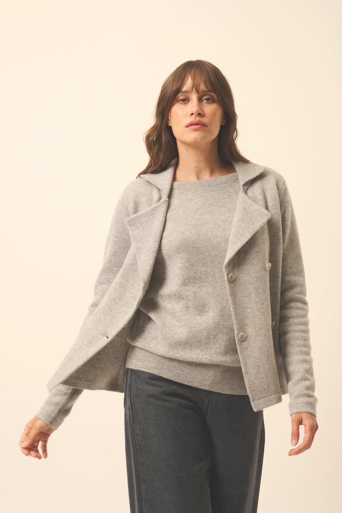 Buttoned Tailored Collar 4-Ply Jacket Chloe - 100% 4-Ply Cashmere - Cloud Marl - Women
