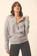 Just Cashmere - Polo García de manga larga y cuello cruzado cruzado - 100% cachemir de 2 capas - Gris Ratón Jaspeado - Mujer