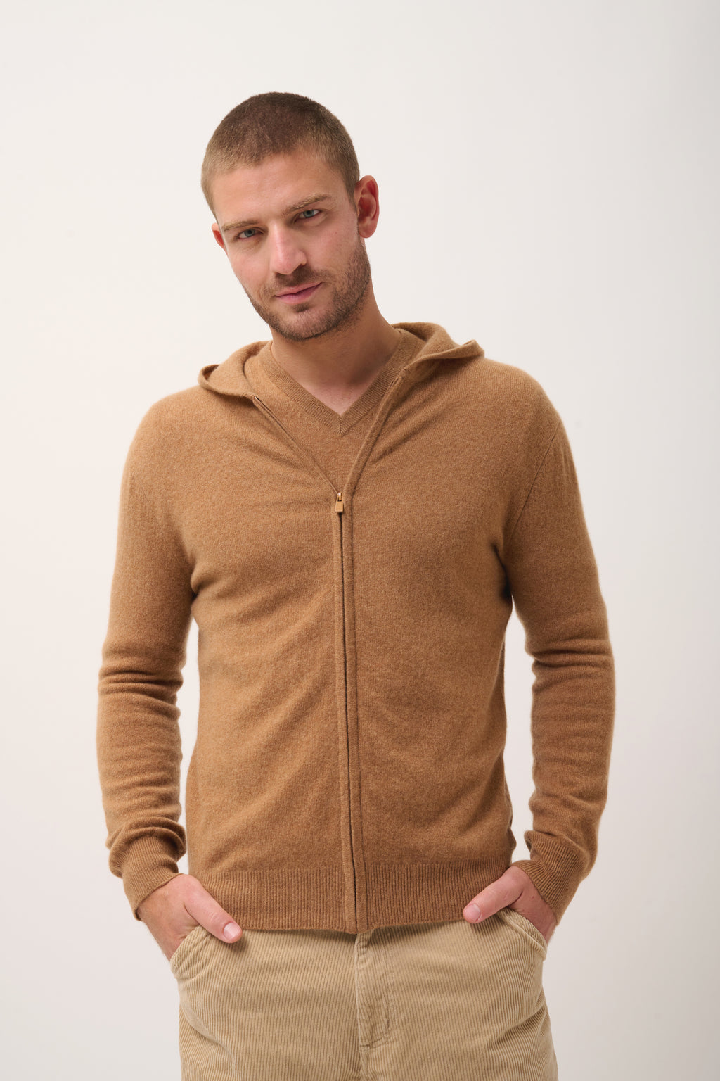 Zip-Up Hooded Cardigan - Elliot - Hazelnut