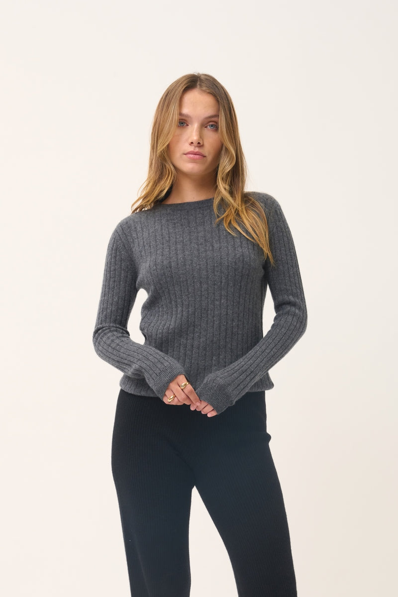 Avana Crew-Neck Jumper - 100% 2-Ply Cashmere - Mottled Anthracite - Women's