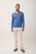 Jersey de Cuello de Pico Walt - 100% Cachemira de 2 Cabos - Azul Denim - Hombre